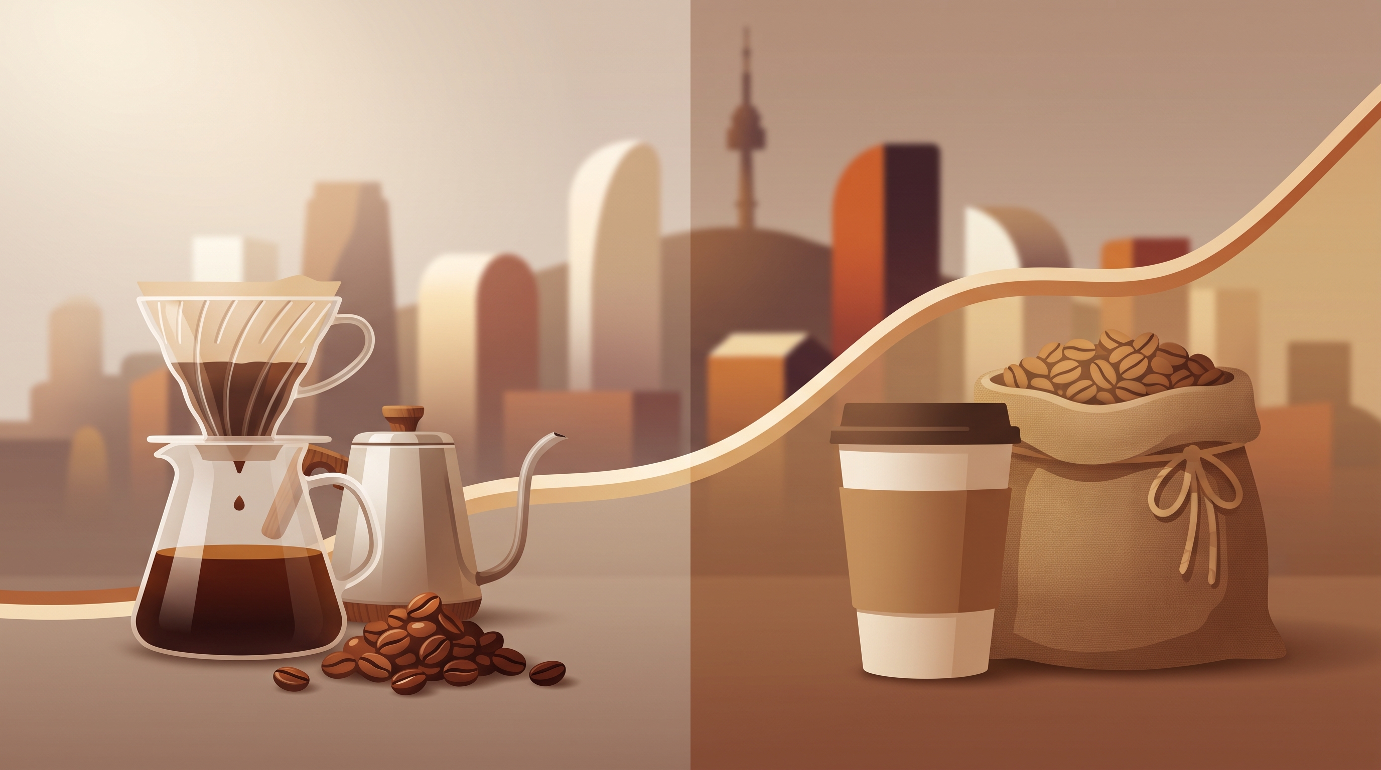 Illustration of a specialty pour-over coffee setup with roasted beans on one side and a large takeaway cup with a bulk bean bag on the other, connected by a rising line in front of a stylized city skyline in warm brown tones