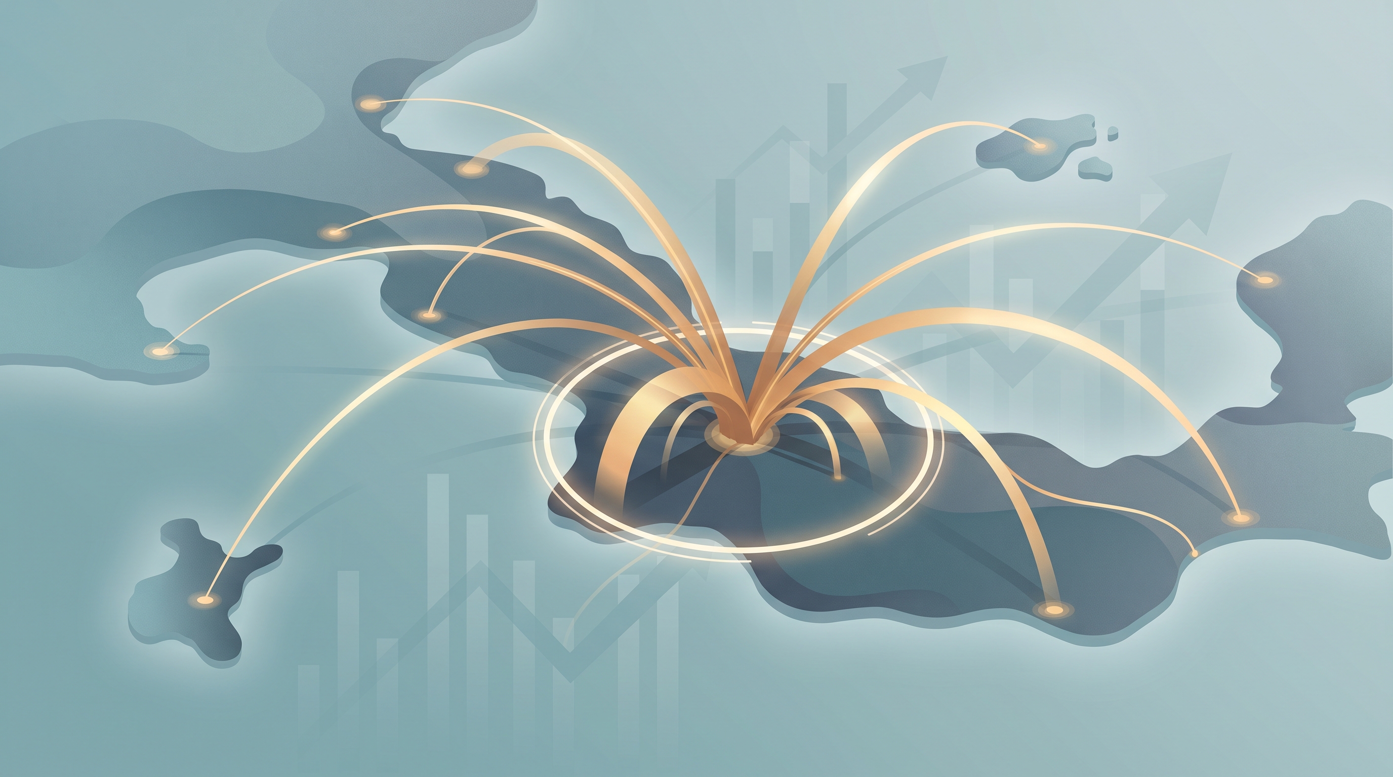 Conceptual illustration of stylized peninsula-shaped landforms with glowing payment-flow arcs converging on one dense node and thinner arcs reaching coastal and island nodes, layered with abstract bar and index shapes and a circular settlement ring in teal, slate and amber