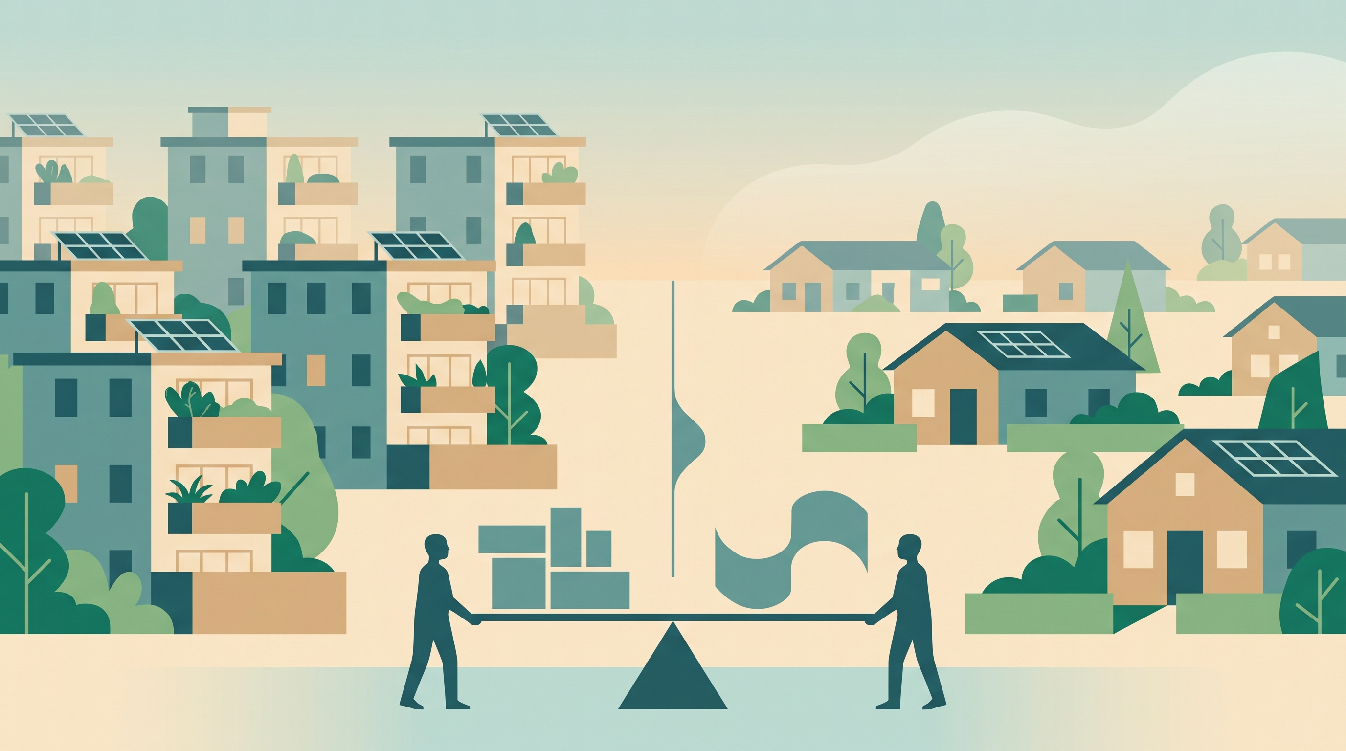 Flat vector illustration of a split Southeast Asian cityscape, with compact apartment blocks on one side and low-rise family homes on the other, greenery and solar panels on balconies, and silhouetted figures weighing geometric shapes on a balance.