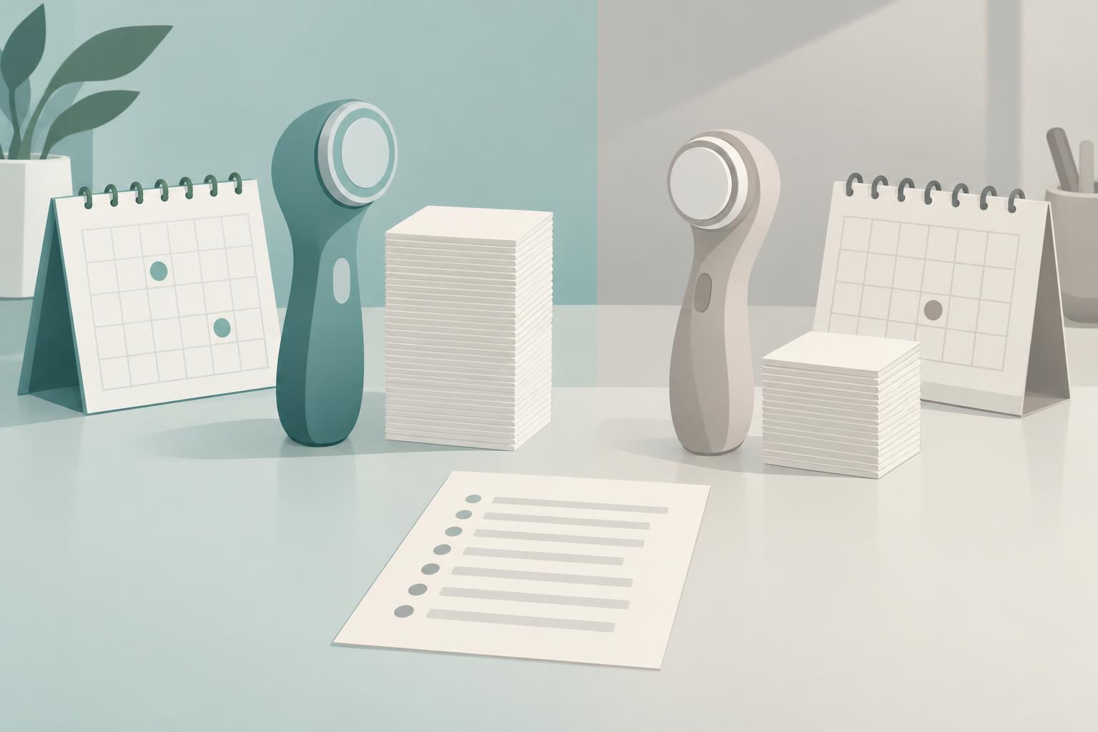 Illustration of two unbranded handheld skincare devices next to stacks of blank cards of different heights and a calendar with marked dates, suggesting a comparison of treatment plans and visit counts.