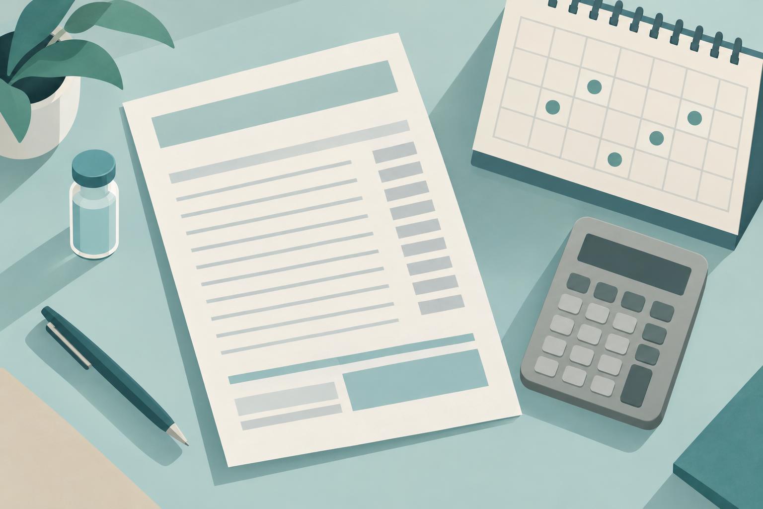 Abstract illustration of a desk seen from above, with a blank itemised quote sheet, a small vial, a calculator and a calendar grid, suggesting someone comparing a treatment quote across several sessions