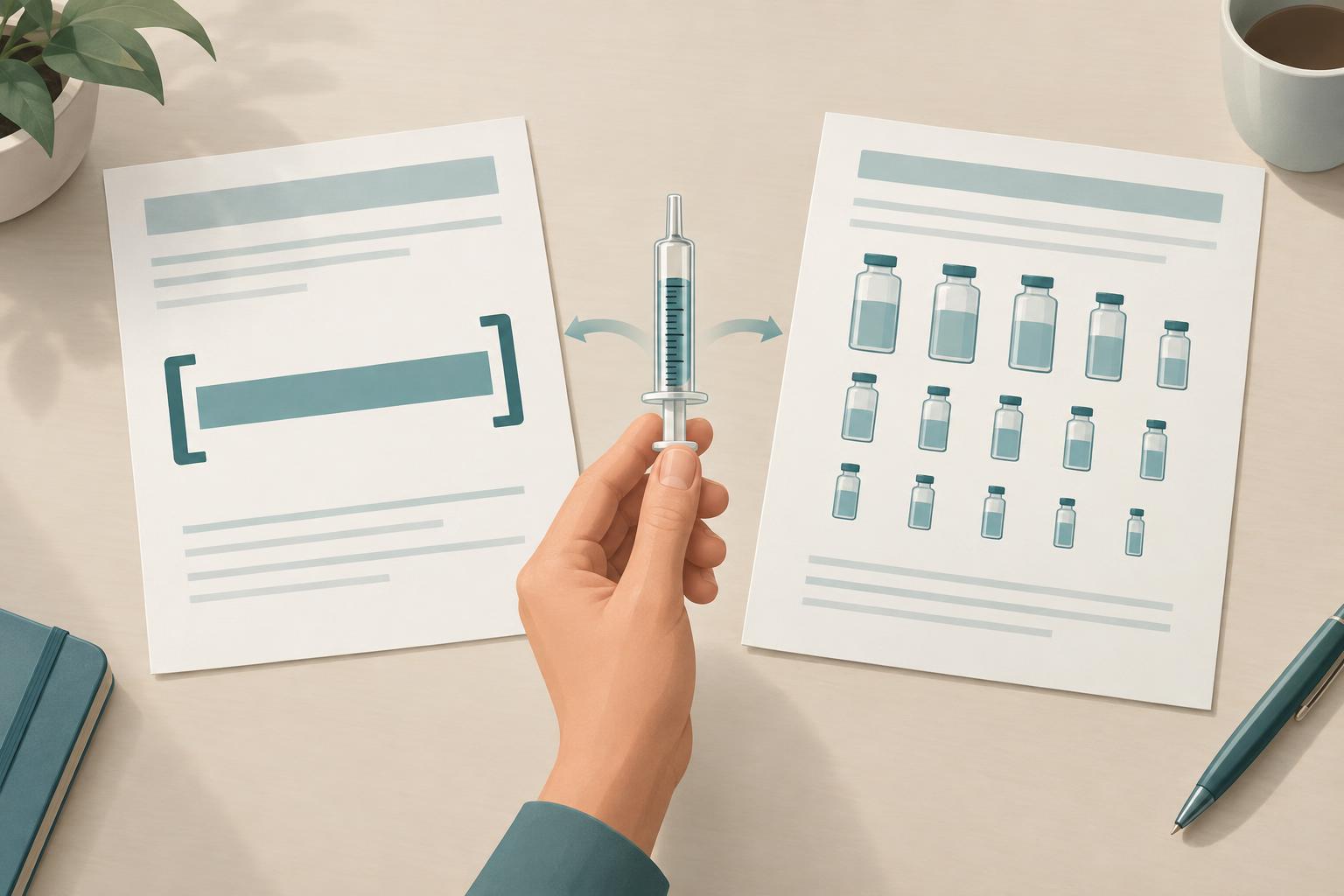 Illustration of two price layouts on a desk, one showing a single range bar and the other a grid of small vials of different sizes, with a hand holding a measuring gauge between them.