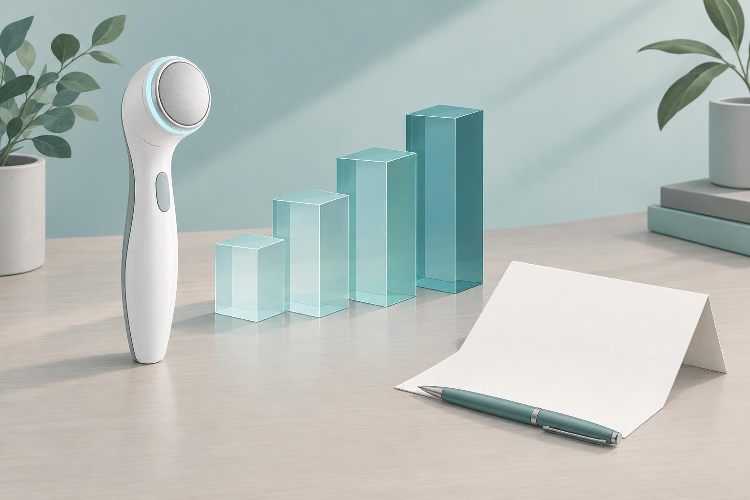 Illustration of four blocks of increasing height next to the outline of a handheld wand-shaped device and a blank quote sheet, suggesting tiered treatment pricing.