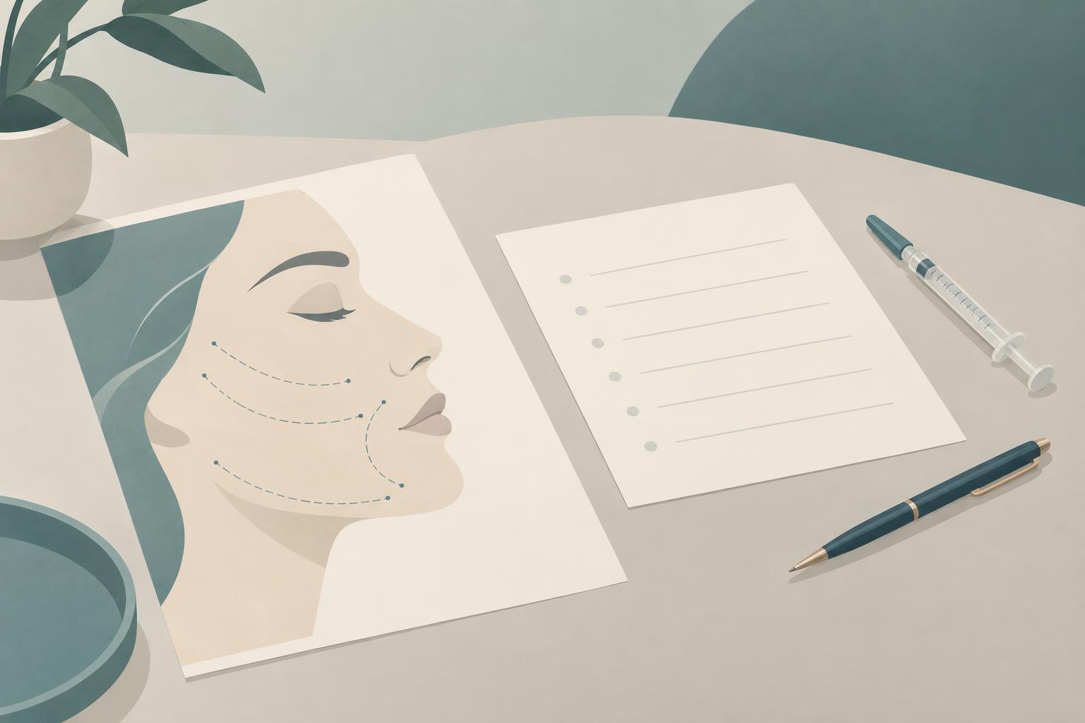 Flat-style illustration of a consultation desk with an abstract face profile diagram marked by curved guide lines around the cheek and mouth, beside a blank sheet of paper, a capped syringe outline and a pen