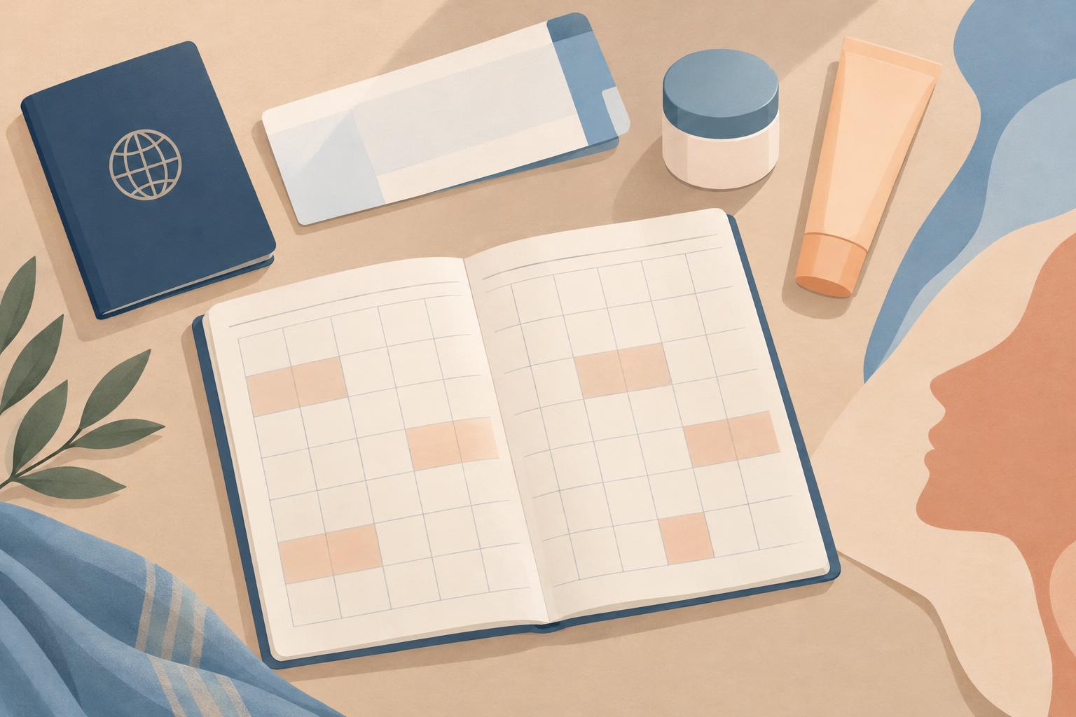 Illustrated flat-lay of a calendar with shaded weeks spaced apart, a passport, skincare items and a soft face outline, representing planning a skin-treatment trip around recovery time.