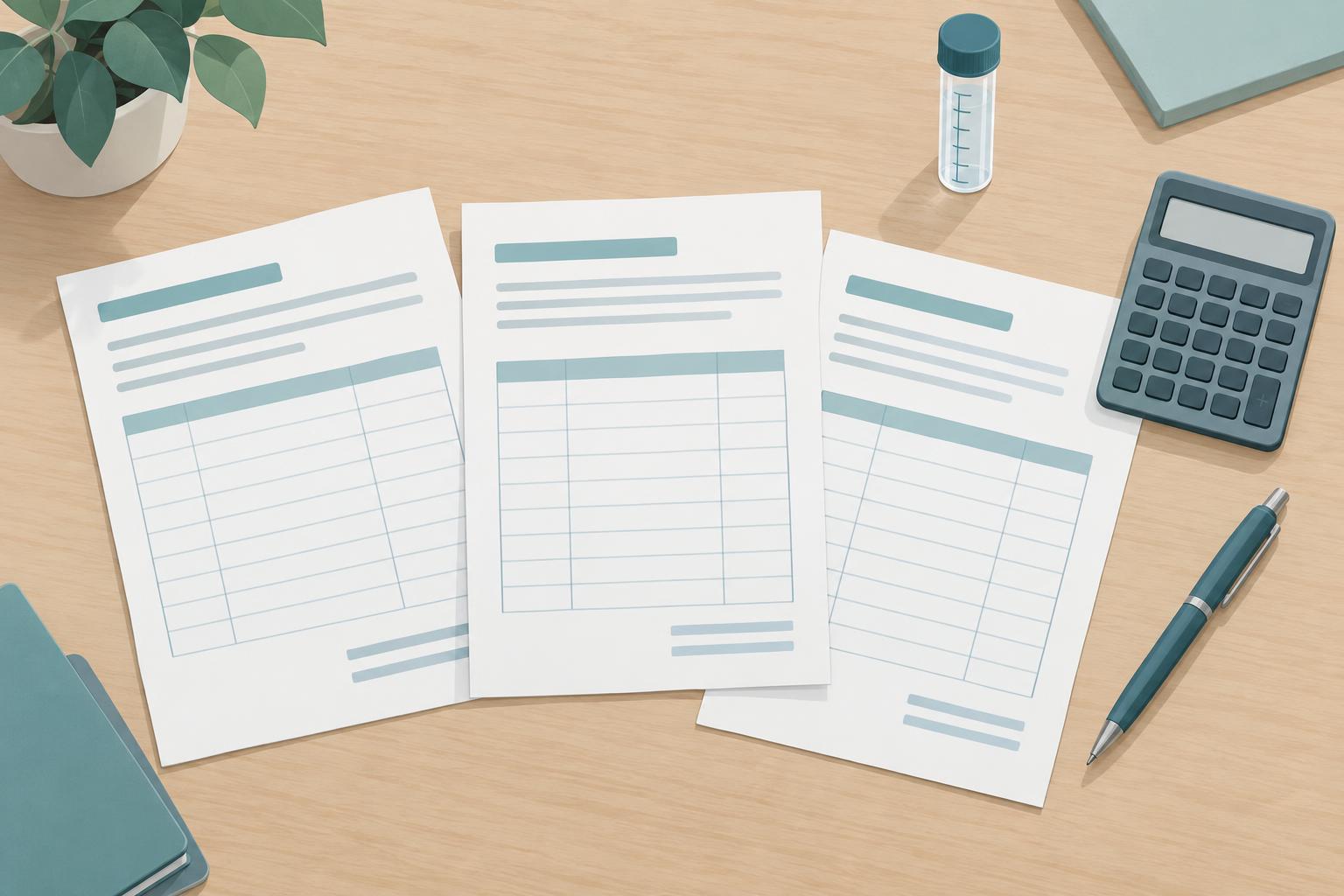 Illustration of blank itemised quote sheets laid side by side on a desk next to a small graduated measuring vial, a calculator and a pen
